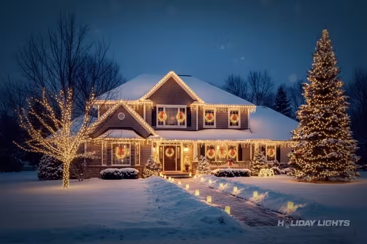 Complete residential Christmas lights installation with full property decoration in Massachusetts Complete residential Christmas lights installation with full property decoration in Massachusetts