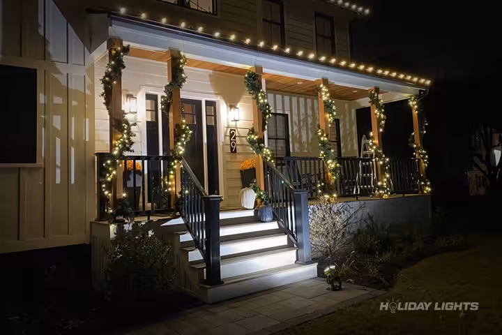 Professional municipal christmas light installation in Berwick, Maine — Porch Garland Decorations