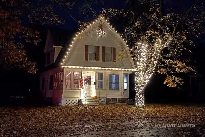 Roofline Christmas decoration with tree trunk wrapping in warm white LED lights Roofline Christmas decoration with tree trunk wrapping in warm white LED lights