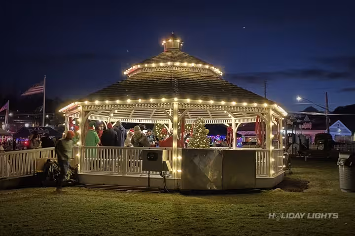 Town square gazebo decorated with C9 Christmas lights for municipal holiday displays Town square gazebo decorated with C9 Christmas lights for municipal holiday displays