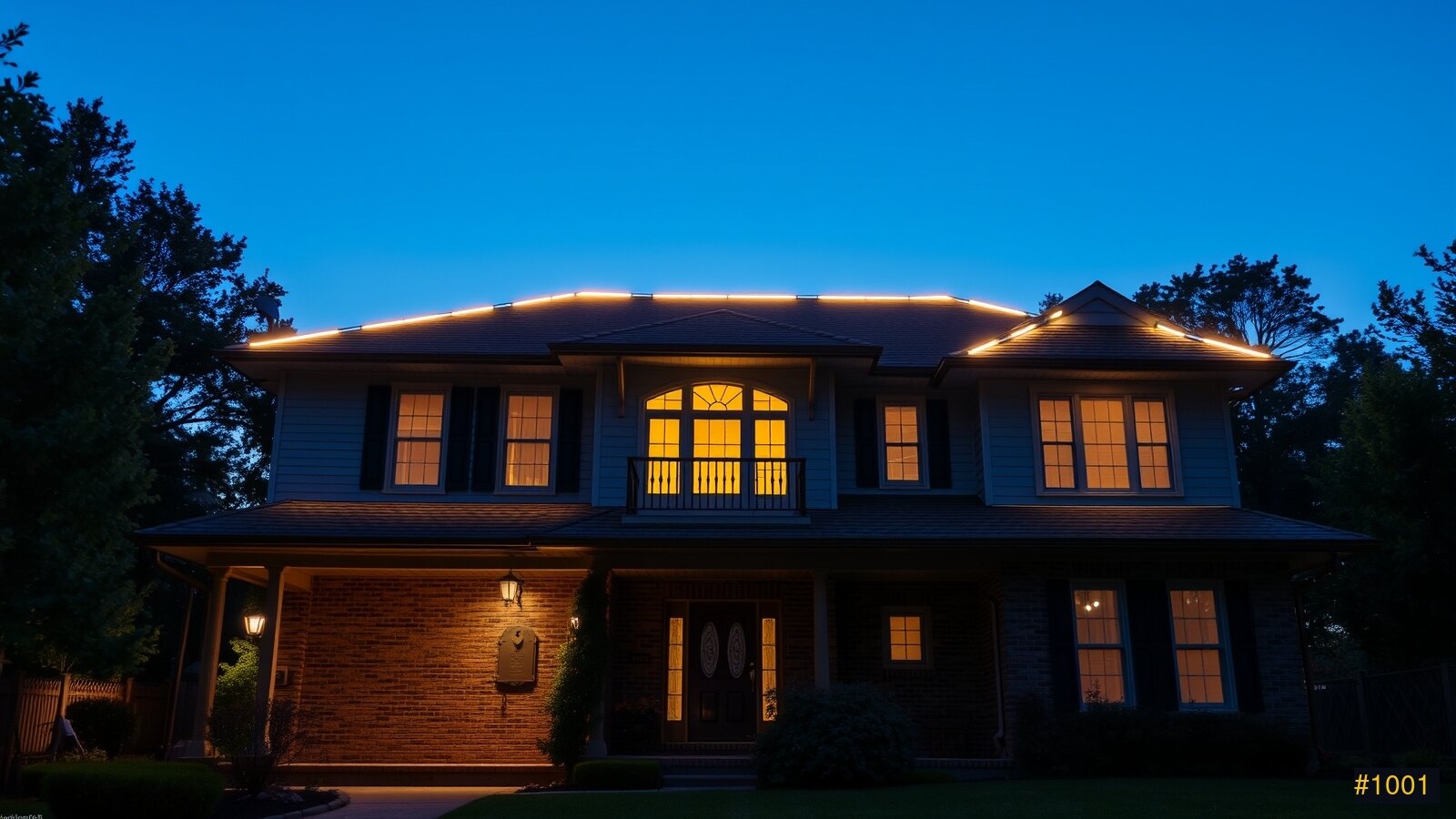 Permanent red-and-white roofline lighting on a Maine home